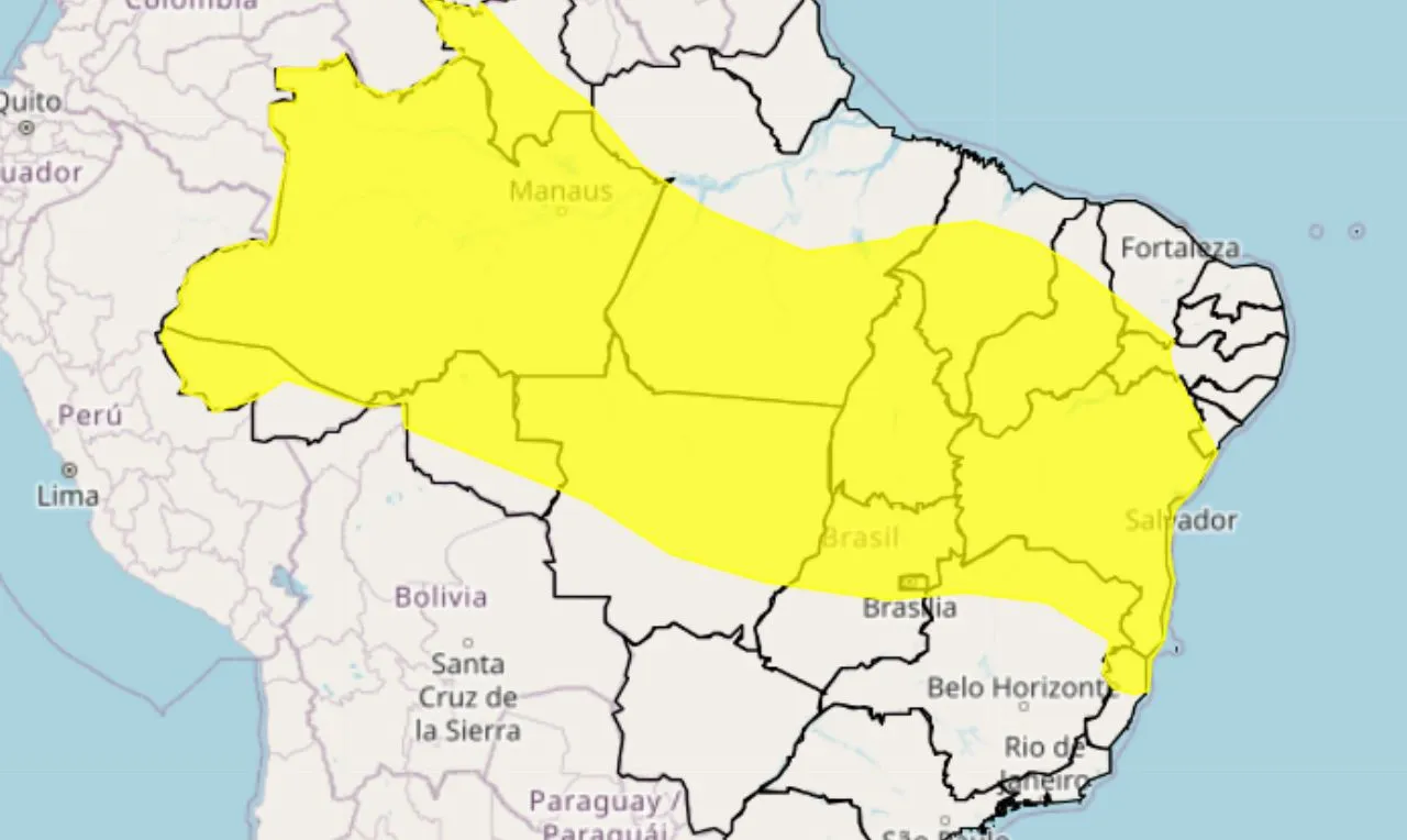 o mapa mostra as áreas em alerta para temporais, chuva intensa, ventos e raios